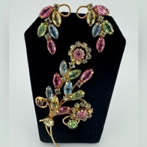 Vintage Rhinestone 1940’s Multicolor Rhinestone Floral Jewelry Set